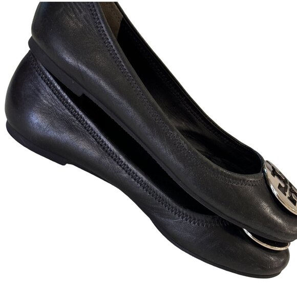 Tory Burch Black Flats with Gold Logo - Picture 3 of 9